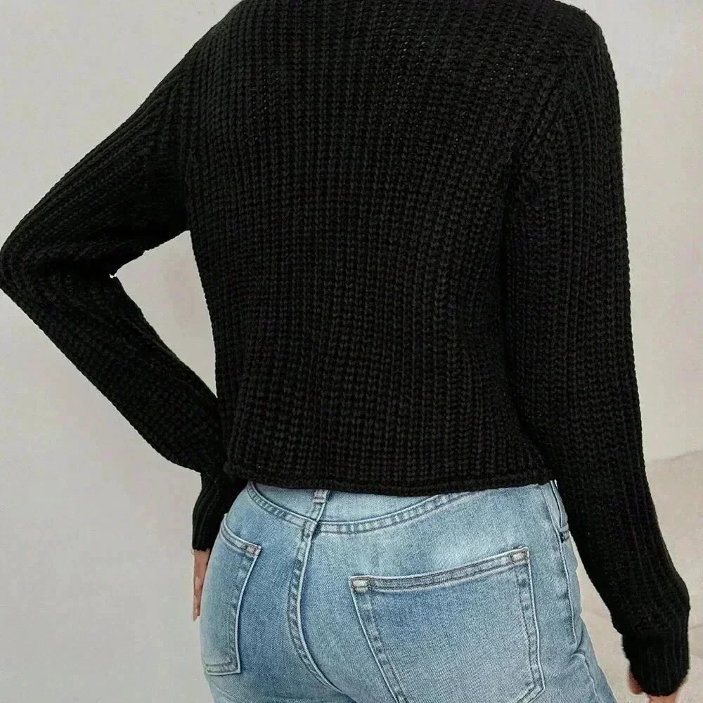 Black Casual Women's Crew Neck Front Button Up Long Sleeve Cardigan - Picture 2 of 5